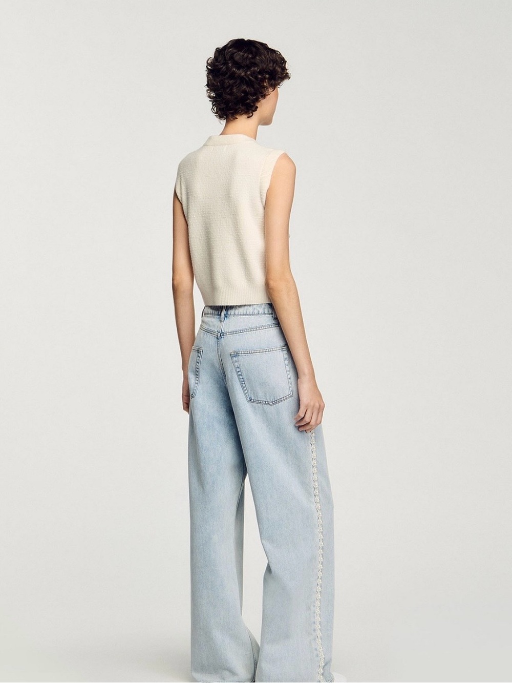 Sandro Cream Cropped Sleeveless Cardigan with Pearl Buttons - Picture 4 of 5